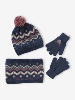 Niña-Accesorios-Gorros, bufandas, guantes-Conjunto para niña: gorro + snood + guantes o manoplas jacquard «fluffy»
