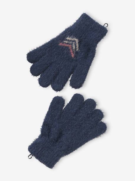 Conjunto para niña: gorro + snood + guantes o manoplas jacquard «fluffy» azul oscuro 