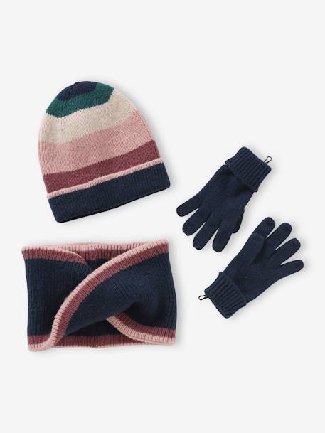 Conjunto para niña: gorro + snood + guantes o manoplas colorblock azul marino 
