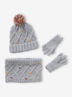 Niña-Accesorios-Gorros, bufandas, guantes-Conjunto para niña: gorro + snood + guantes o manoplas con pompones