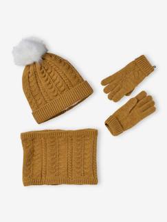Niña-Accesorios-Gorros, bufandas, guantes-Conjunto gorro + snood + guantes o manoplas de punto trenzado para niña
