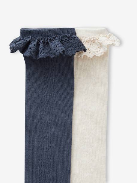 Pack de 2 pares de calcetines altos de punto calado y encaje para niña azul marino 