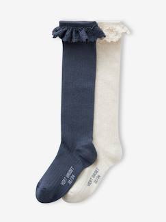 -Pack de 2 pares de calcetines altos de punto calado y encaje para niña