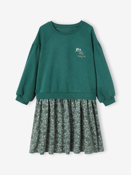 Vestido de dos tejidos para niña vainilla+verde 
