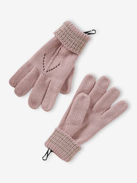 Conjunto para niña: boina + bufanda + guantes o manoplas de punto calado y forro fantasía rosa maquillaje 