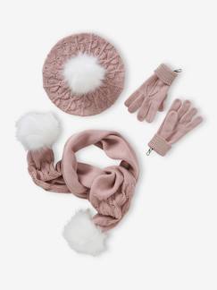 Niña-Accesorios-Conjunto para niña: boina + bufanda + guantes o manoplas de punto calado y forro fantasía