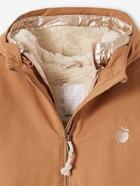 Parka con capucha, chaqueta acolchada brillante y forro de sherpa 3 en 1 para niña camello 