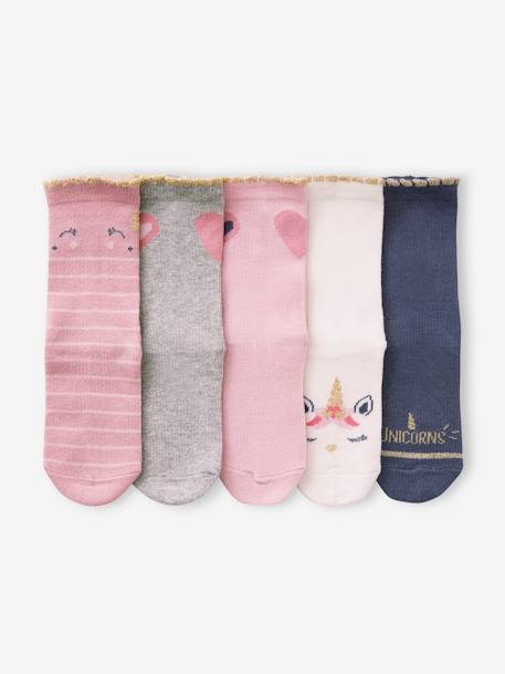 Pack de 5 pares de calcetines «unicornios y corazones» para niña rosa 