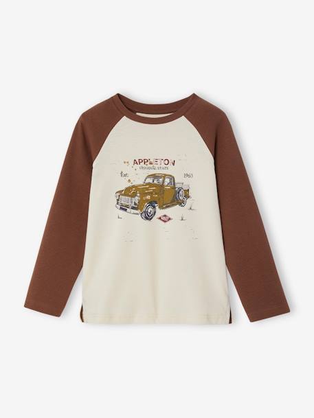 Camiseta de punto nido de abeja con manga larga raglán «coche» para niño moka 
