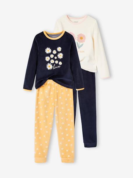 Pack de 2 pijamas de terciopelo con margaritas para niña ocre 