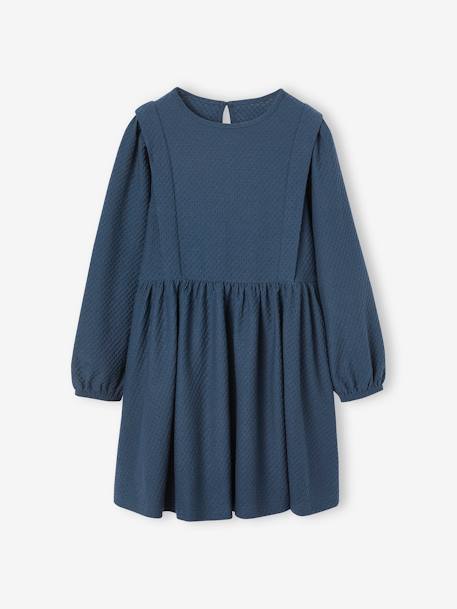 Vestido de tejido con relieve y manga larga para niña avellana+azul marino 