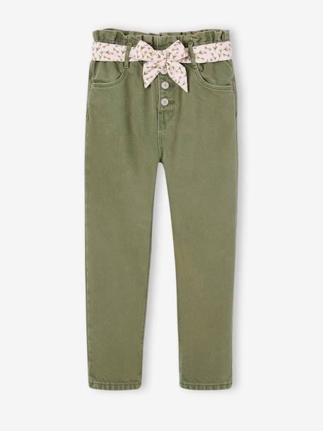 Pantalón «paperbag» y cinturón pañuelo con estampado de flores para niña albaricoque+malva+verde 