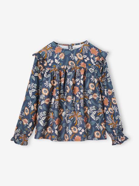 Blusa de manga larga con flores, para niña azul oscuro+crudo 