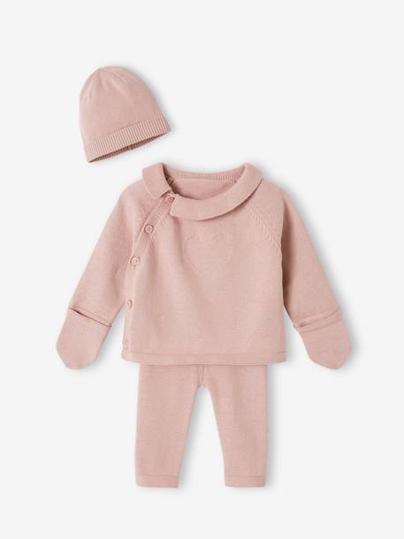 Bebé-Conjuntos-Conjunto de punto tricot para bebé: cárdigan + leggings + gorro