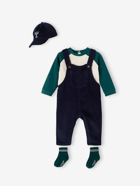 Conjunto de 4 prendas para bebé: camiseta + peto + gorra + calcetines azul oscuro 