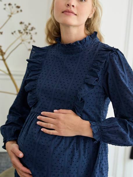 Blusa de plumetis con volantes para embarazo azul marino 