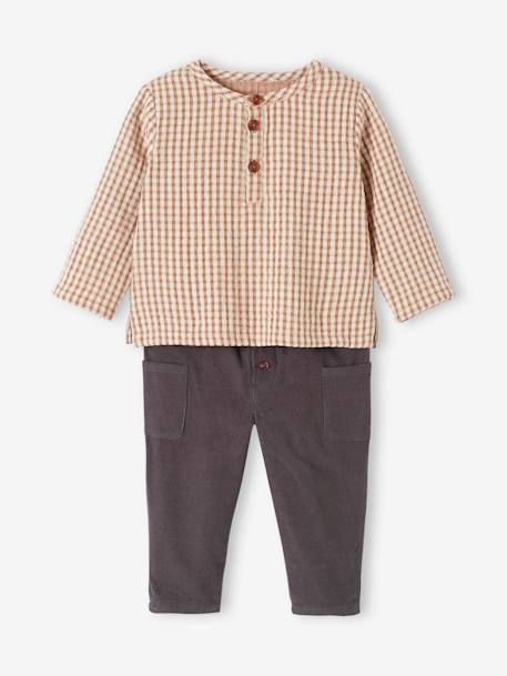 Conjunto para bebé: camisa vichy + pantalón de pana cuadros marrón 
