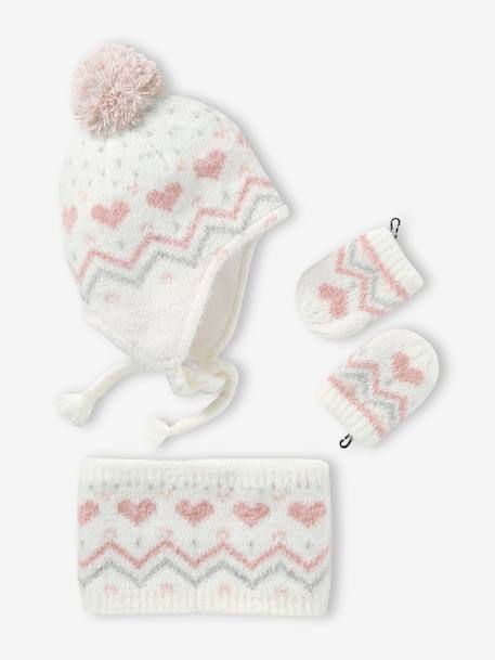 Bebé-Accesorios-Gorros, bufandas, guantes-Conjunto para bebé niña gorro + snood + manoplas de punto jacquard mullido