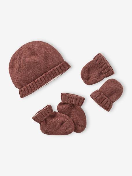 Lotes y packs-Bebé-Accesorios-Gorros, bufandas, guantes-Conjunto para recién nacido de punto tricot: gorro + manoplas + zapatillas de casa