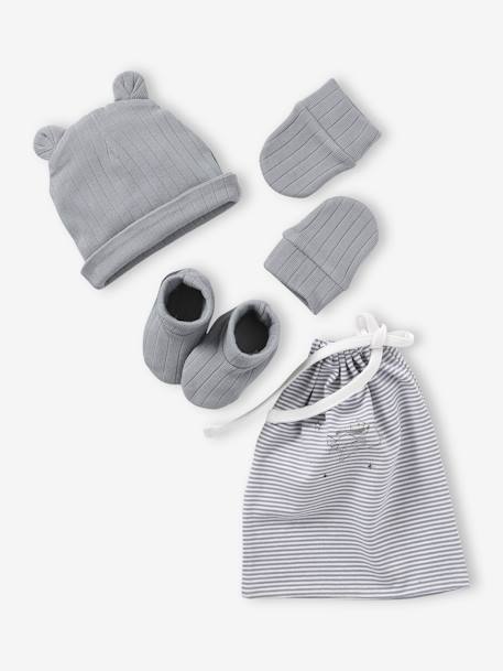 Ecorresponsables-Bebé-Accesorios-Gorros, bufandas, guantes-Conjunto para recién nacido de punto de canalé gorro + manoplas + patucos + bolsita