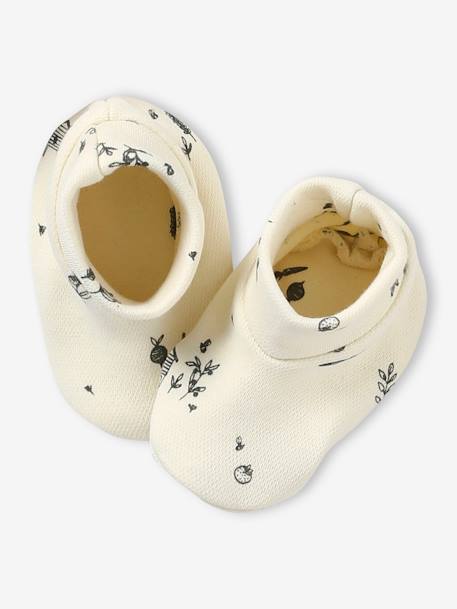 Conjunto para recién nacido: gorro + manoplas + zapatillas + bolsa de tela crudo 