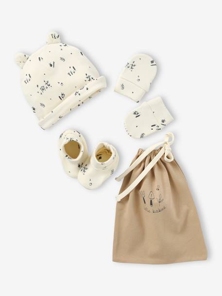 Lotes y packs-Bebé-Accesorios-Gorros, bufandas, guantes-Conjunto para recién nacido: gorro + manoplas + zapatillas + bolsa de tela