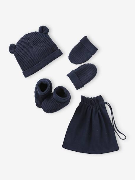 Conjunto de gorra, manoplas y patucos para recién nacido, con bolsa a juego azul grisáceo+azul marino+BLANCO MEDIO LISO+VERDE CLARO LISO 