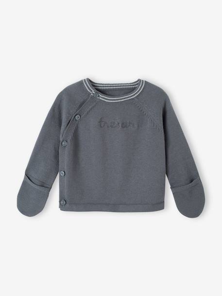 Conjunto de punto tricot para bebé: cárdigan + leggings + gorro gris pizarra+malva 