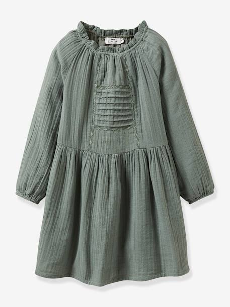 Vestido de gasa de algodón para niña - Cyrillus gris+verde almendra 