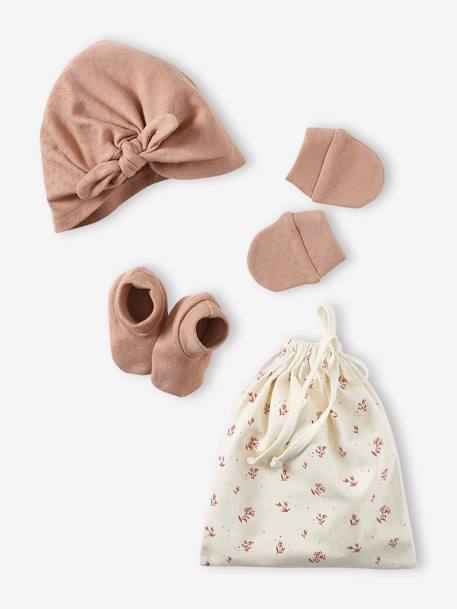 Conjunto para niña recién nacida: gorro + manoplas + zapatillas + bolsa de tela capuchino 
