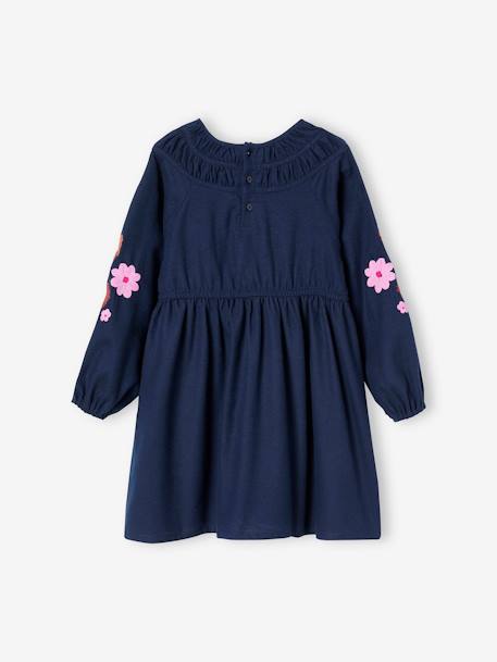 Vestido de manga larga con bordado de flores para niña azul oscuro 