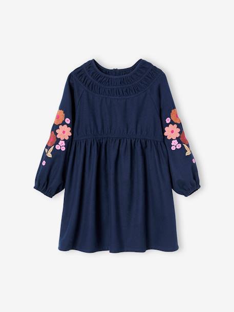 Vestido de manga larga con bordado de flores para niña azul oscuro 