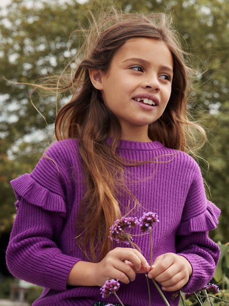 Jersey con mangas con volantes para niña crudo+rayas marrón+vainilla+violeta 