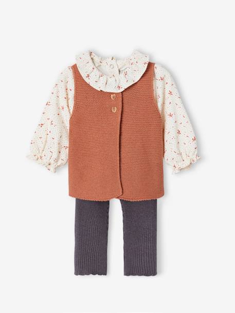 Conjunto de 3 prendas para bebé: leggings + chaleco + blusa teja 