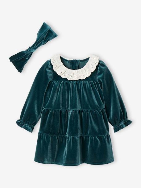 Estuche regalo de Navidad con vestido de terciopelo + cinta para el pelo, bebé niña verde esmeralda 