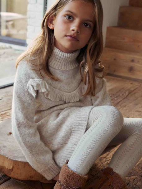 Vestido de punto tricot adornado con flecos para niña beige jaspeado 