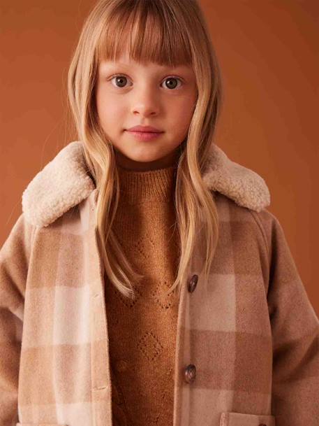 Abrigo estilo sobrecamisa de lana a cuadros para niña cuadros marrón+cuadros rosa 