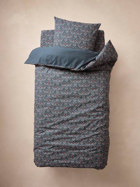 Conjunto funda nórdica + funda de almohada infantil de algodón reciclado - Broceliande verde estampado 