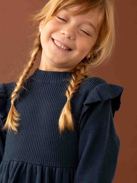 Vestido de punto tricot con volantes para niña azul oscuro+rosa palo 