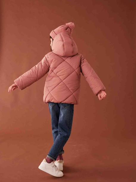 Chaqueta acolchada con capucha y forro de sherpa para niña rosado 