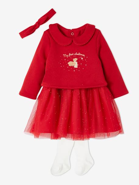 Conjunto de Navidad para bebé: vestido, cinta para el pelo y leotardos rojo 