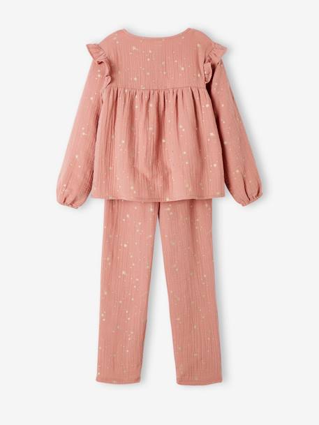Pijama largo navideño de gasa de algodón para niña rosado 