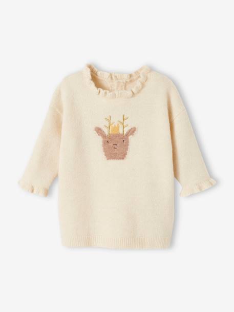 Conjunto de navidad para bebé vestido de punto tricot con reno + leotardos crudo 