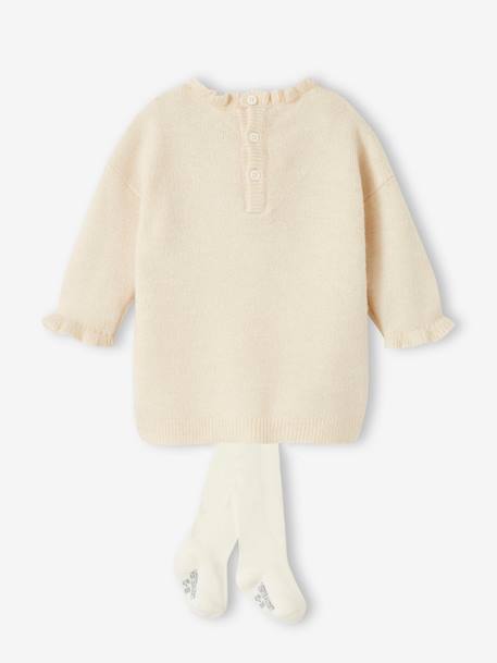 Conjunto de navidad para bebé vestido de punto tricot con reno + leotardos crudo 
