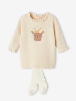 -Conjunto de navidad para bebé vestido de punto tricot con reno + leotardos