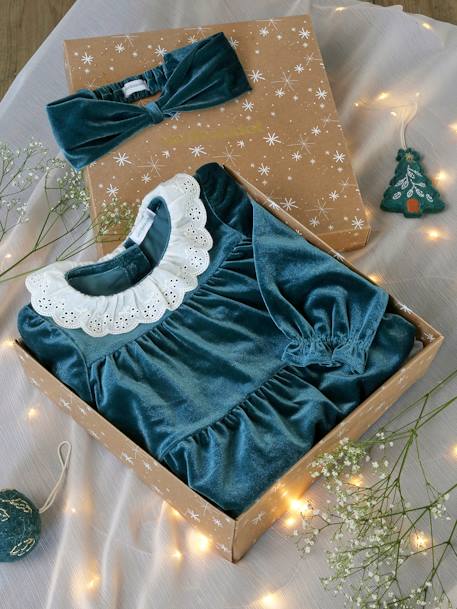 Estuche regalo de Navidad con vestido de terciopelo + cinta para el pelo, bebé niña verde esmeralda 