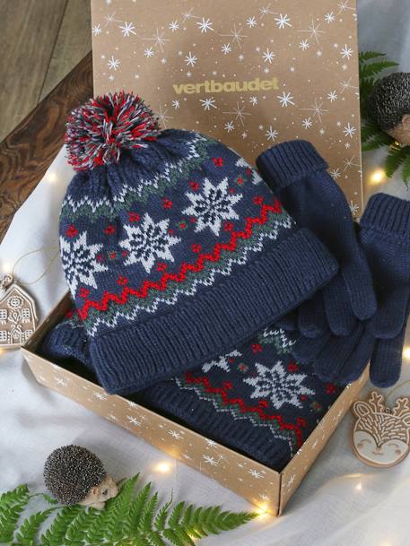 Conjunto de Navidad «Copo de nieve» para niño: gorro + snood + guantes azul marino 