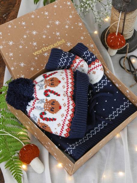 Conjunto de Navidad para bebé niño «Reno»: gorro + snood + manoplas azul marino 