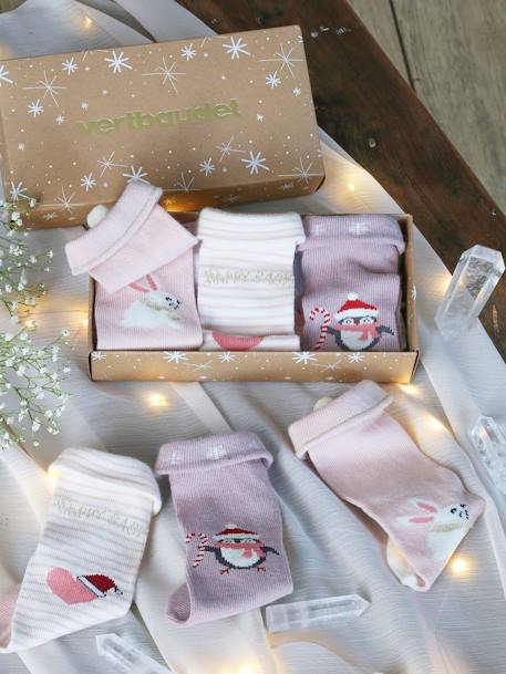 Pack navideño con 3 pares de calcetines para bebé niña rosa viejo 
