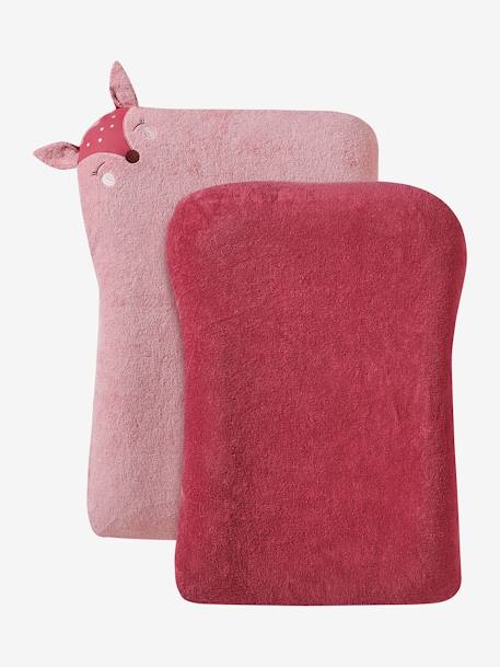 Pack de 2 fundas para colchón cambiador «Animales» de felpa de rizo nuez de pacana+rosado 
